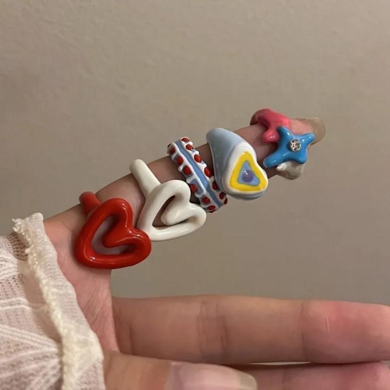 Boho Cute Romantic Macaron Color Love Heart Enamel Opening Rings for Women Charm Trendy Personality Y2K Finger Jewelry Girl Gift