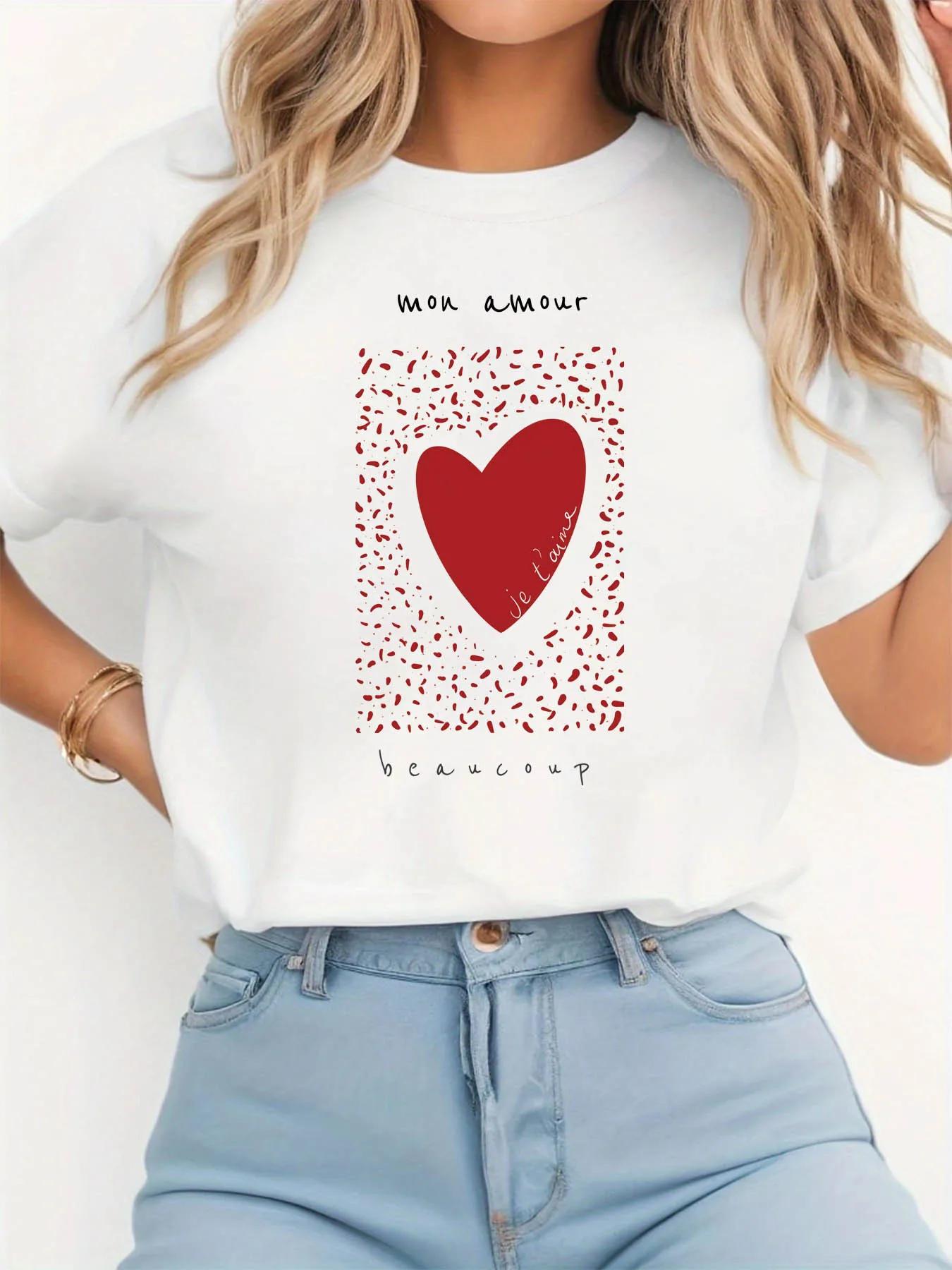 

Dots Print Medium Stretch Spring Summer Ladies Shirts Amour Women s Casual Sleeve Crew Neck White with Heart Streetwear Tops 4XL