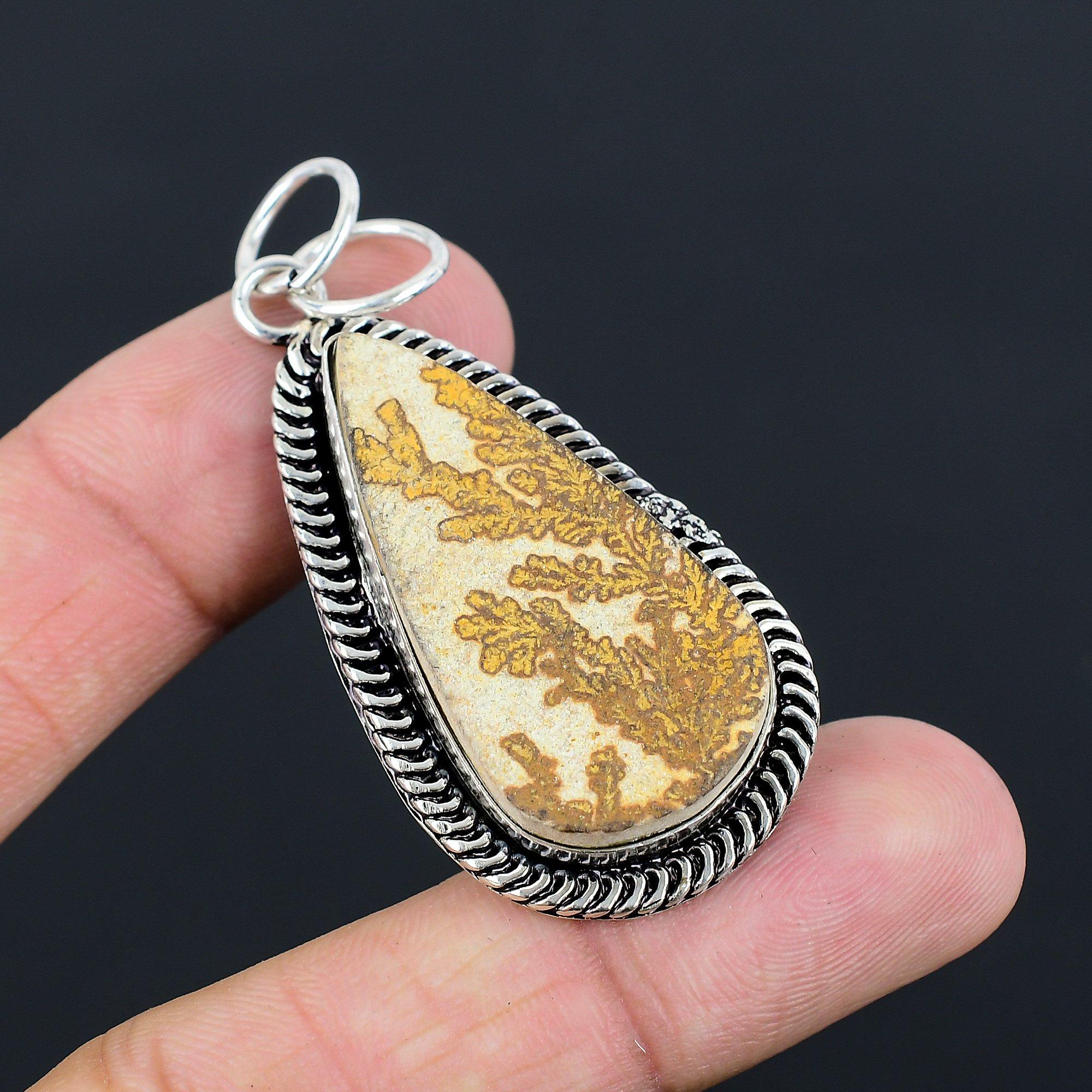 925 Silver Pear Psilomelane Dendrite Gemstone Wedding Art Deco Unique Pendant