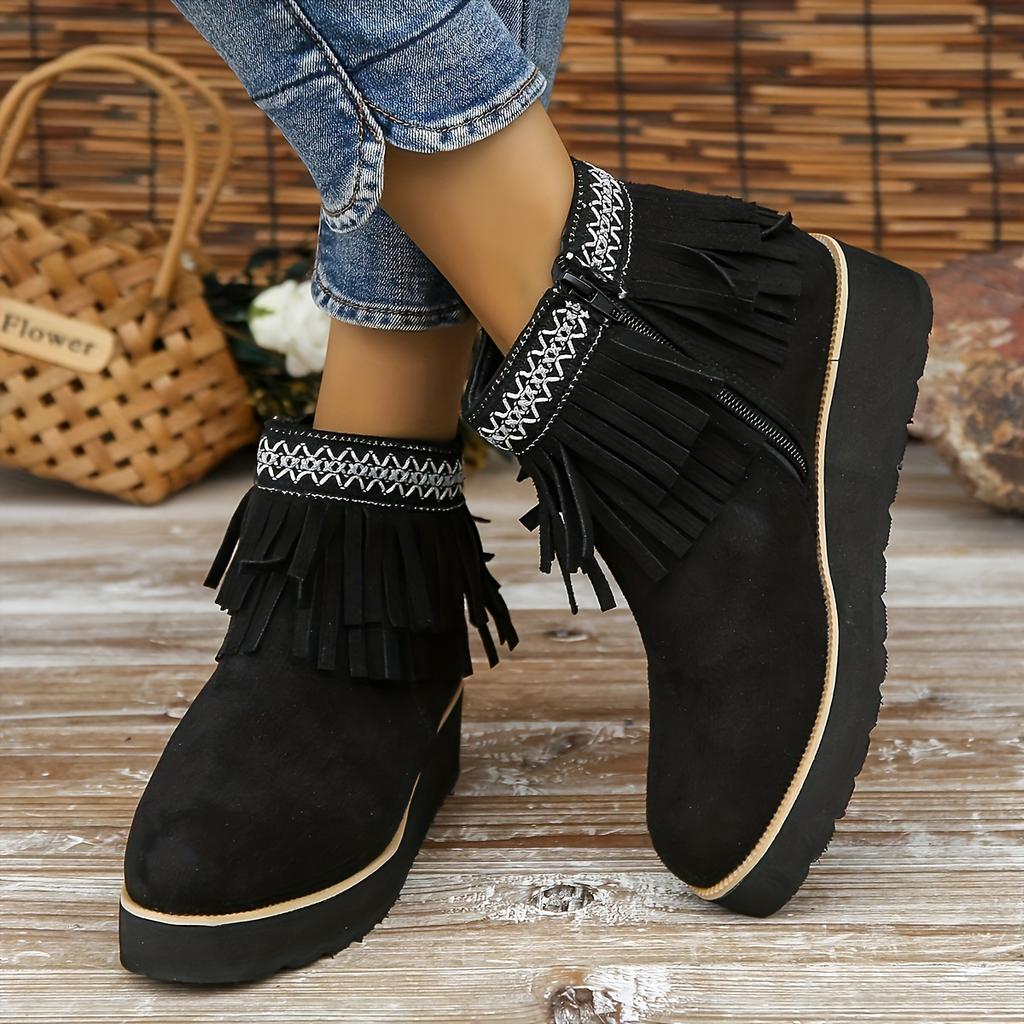 Autumn and Winter New Fringed Boots Women's Fashion Platform Small Wedge Boots Frosted Suede Round-toe Booties
