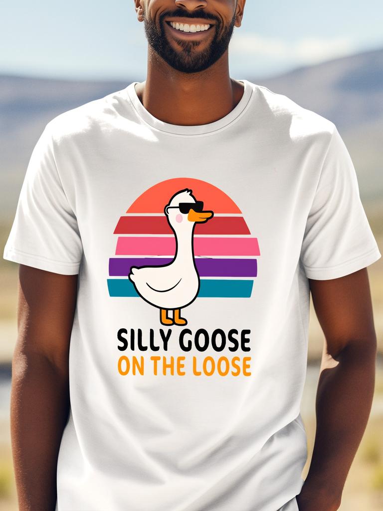 Men Cotton Tee Retro Silly Goose Graphic Short Sleeve Crew Neck Casual Street T Shirt For Funny Animal Lovers Summer Daily Tops