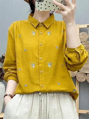 Women's Forest Style Cotton Gauze Shirt: Long Sleeve, Soft, Breathable, with Fresh Floral Embroidery