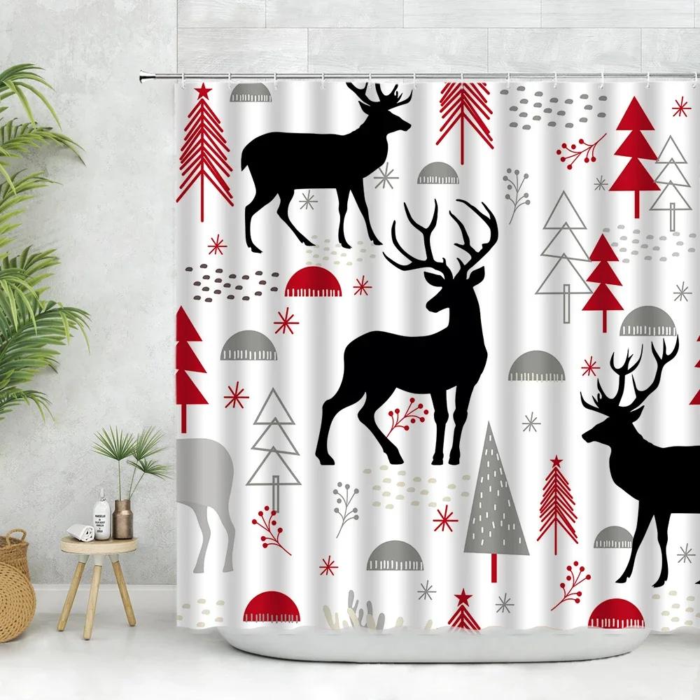 Unframed Cartoon Snowflake Snowman Shower Curtains Set Merry Christmas Deer Pine Tree Santa Claus New Year Bathroom Decor Fabr