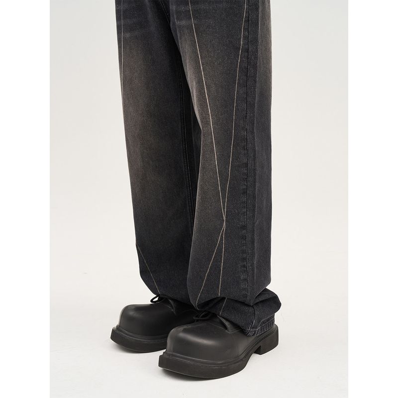 Harsh and Cruel American Retro Heavy Industry Washed Hand-Rub Color Lines Straight-leg Loose Denim