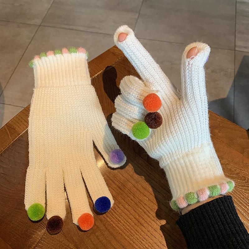 Colorful Ball Gloves for Women in Winter Cute Small Ball Touch Screen Exposed Fingers for Warmth Five Fingers for Cycling Warmth