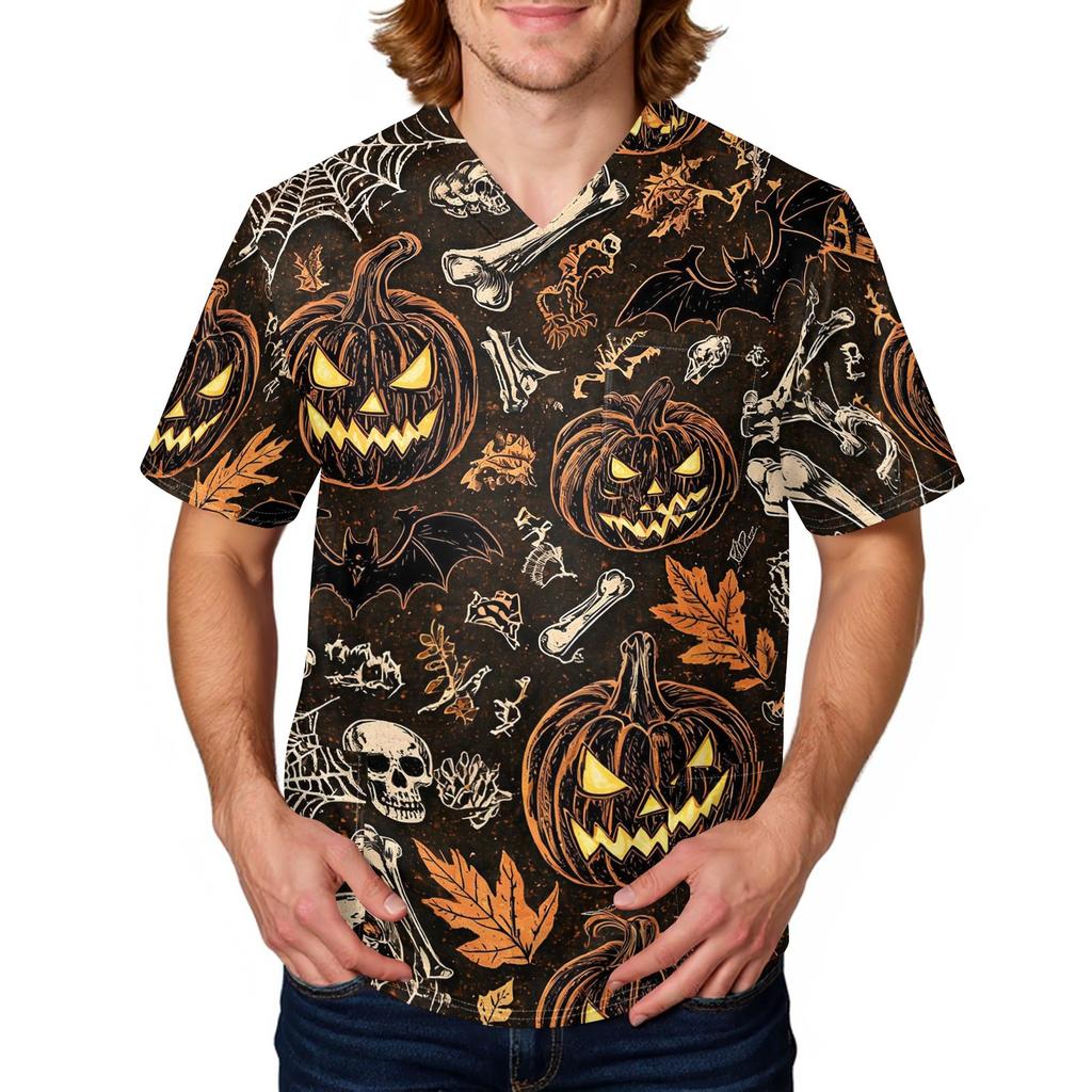 Men's Halloween Print V-Neck Scrub Top with Pockets Comfort Fit for Daily Work