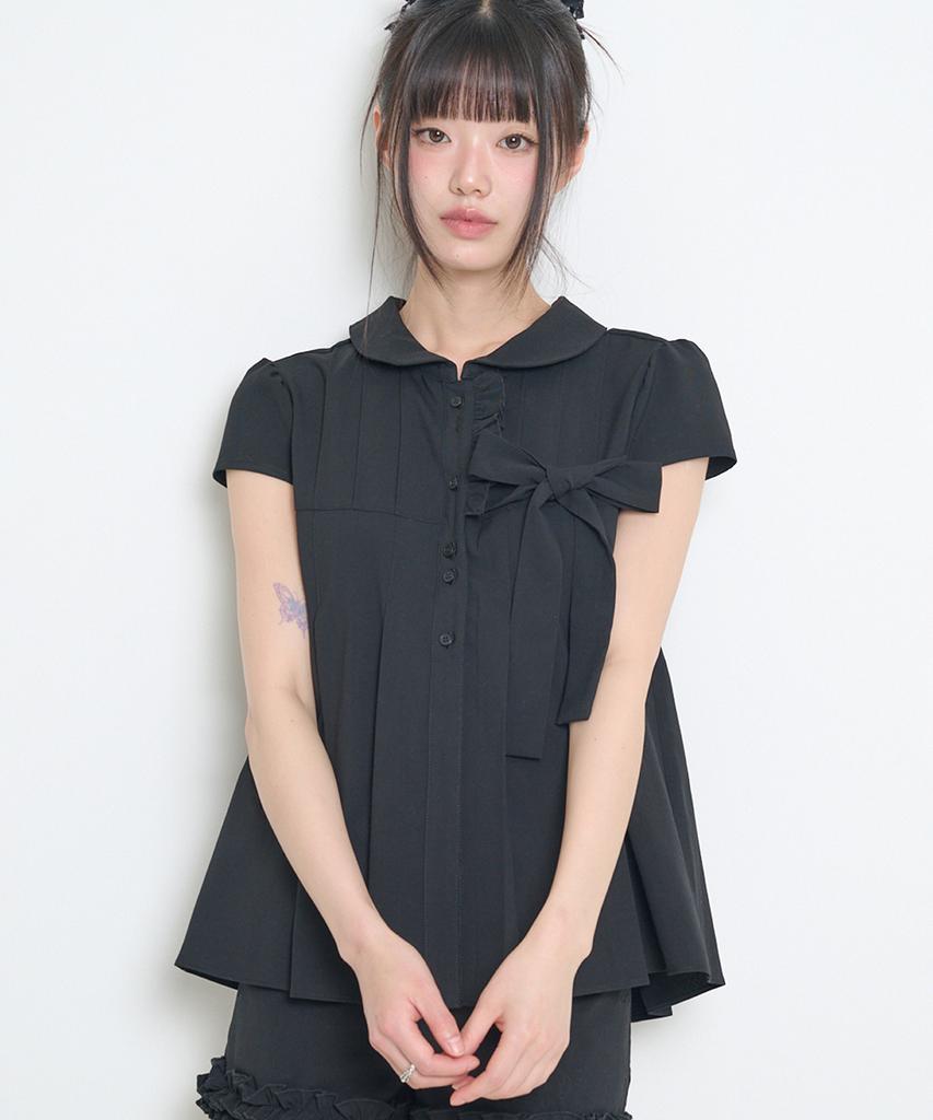 ILLIGO Ribbon Pleated Short Sleeve Blouse Black