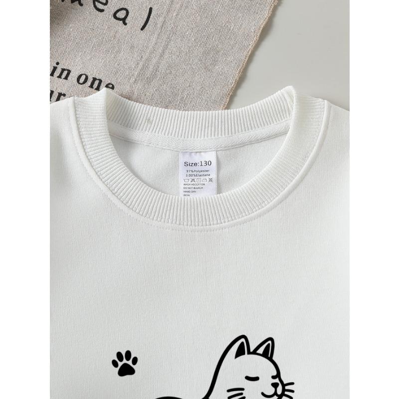 European Sizes Adorable Cat And Paw Prints Sweatshirt for Girls, Crew Neck, Autumn Winter, Long Sleeves, Variety of Colors for Young Girls.