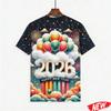 Men's T-shirt with Colorful Balloon and Fireworks Pattern, Happy 2026 New Year, Short-sleeve Holiday Party Family Crew Neck T-shirt
