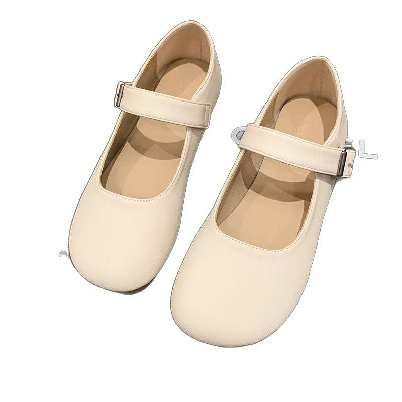 Huge Soft and Easy To Wear Single Shoes Women's Spring and Autumn Round Head Square Buckle Women's Shoes Inner Height Increase Beige Mary Jane Shoes