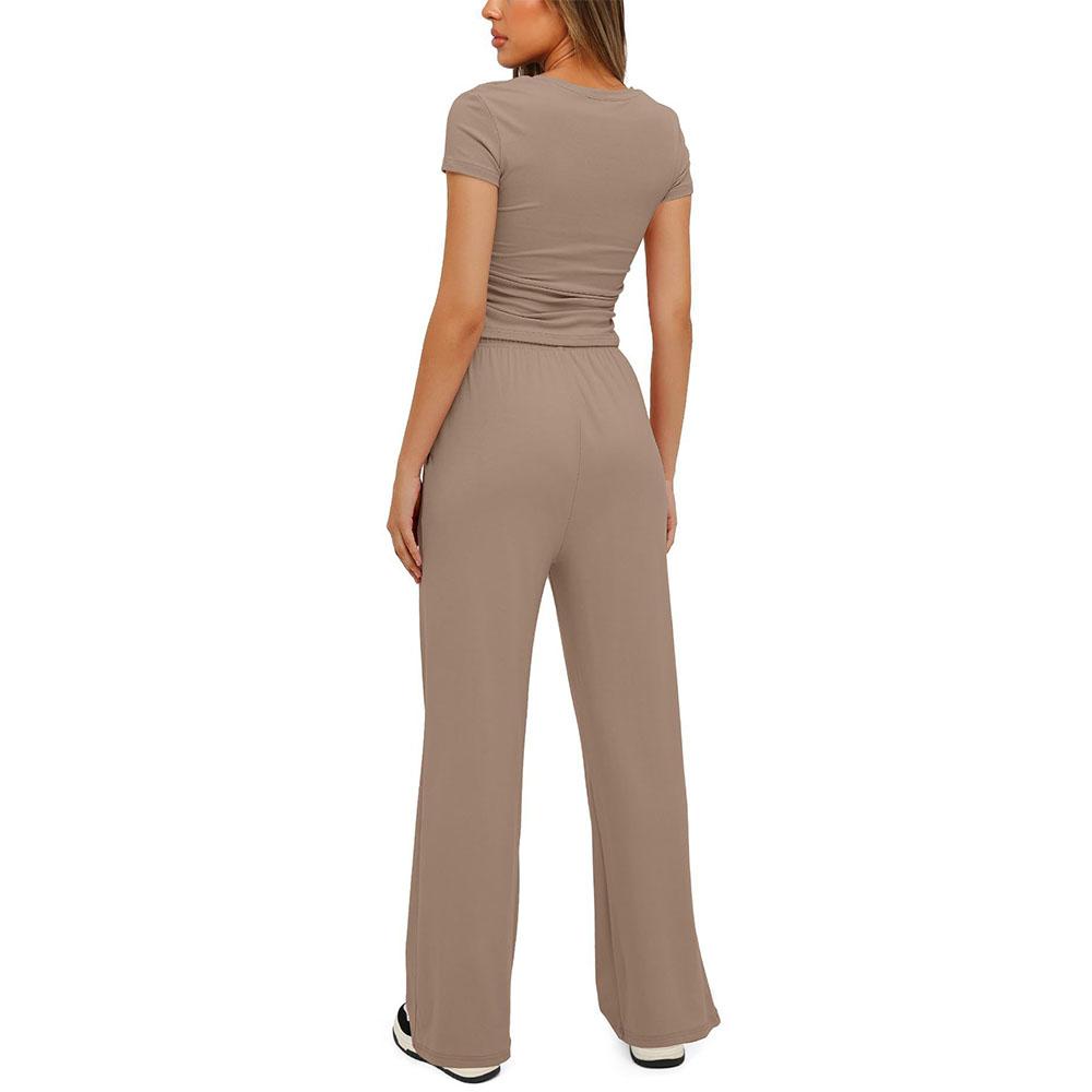 Ladies' Slim Fit Solid Color Casual Short Sleeved Top, High Waist Wide Leg Pants Sports Suit