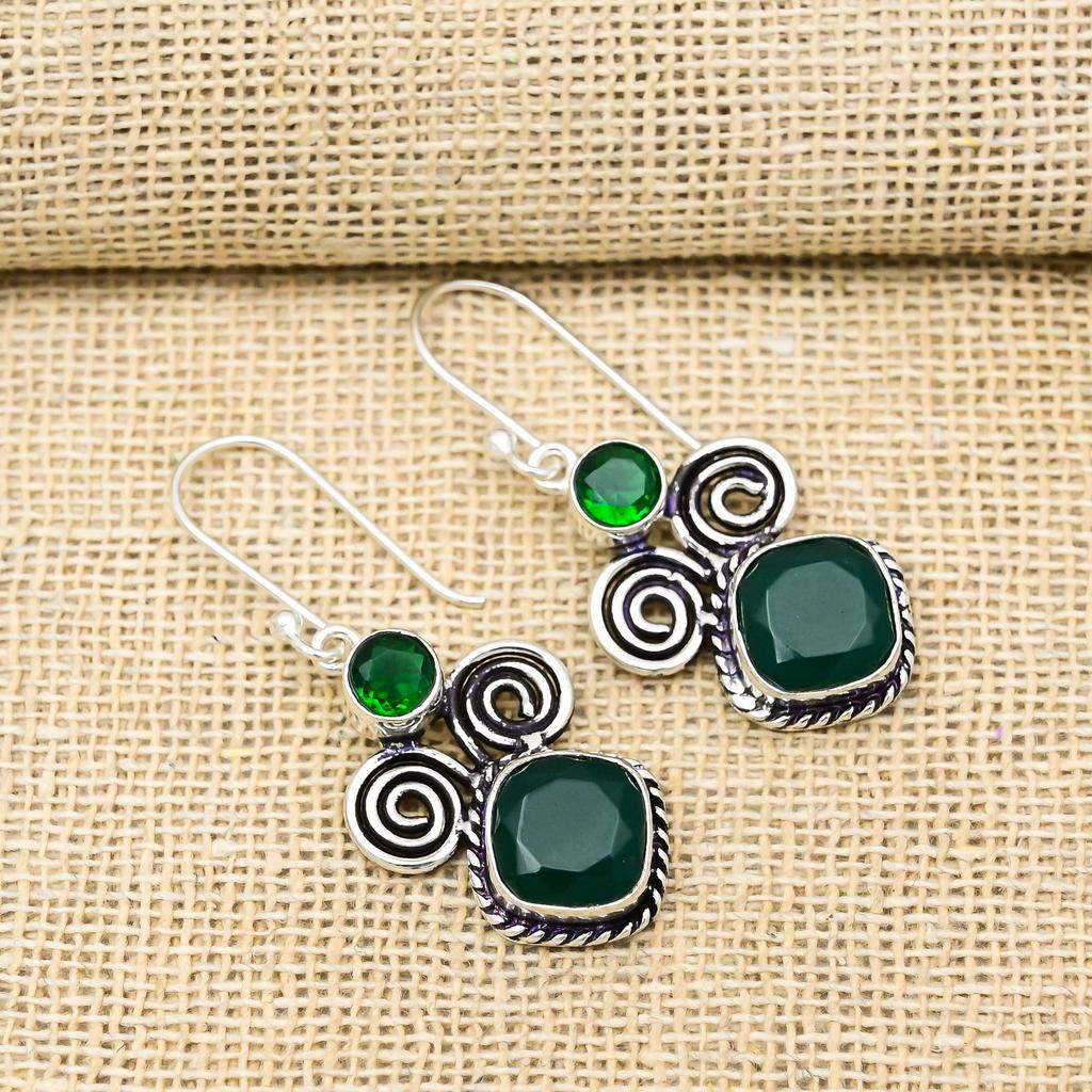 Green Onyx, Chrome Diopside Earrings, 925 Solid Sterling Silver Jewelry, Gemstone Earrings, Gift For Her Handmade Dainty Jewelry