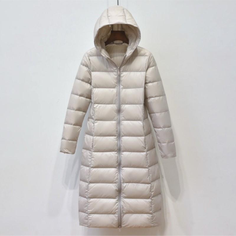 

Осень-зима пуховик женский с капюшоном на молнии теплый пуховик белый пальто с длинным рукавом тонкая одежда длинные пуховики XXXL бежевый