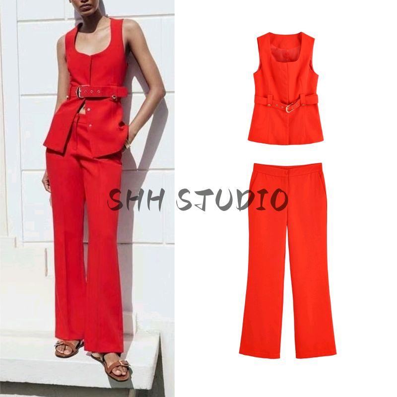 Autumn New Women suit French style Ol Casual With Belt round Neck Sleeveless Vest Mid Waist Flared Trousers