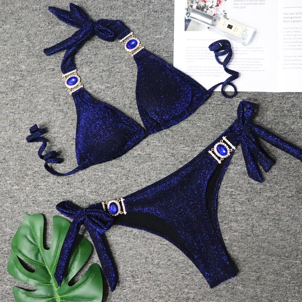 Sexy Shiny Swimsuit Crystal Diamond Bikini Gold Strap Ladies Swimsuit