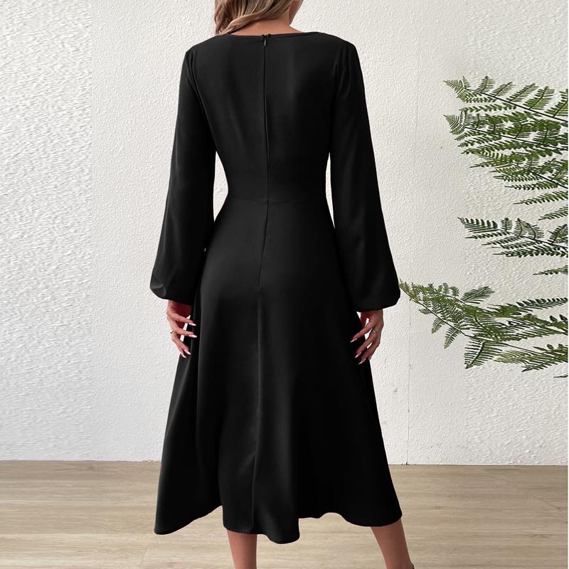 Spring and Summer Fashion V-Neck Lantern Long Sleeved Dress with Twisted Edges, Elegant Mid Length Dress