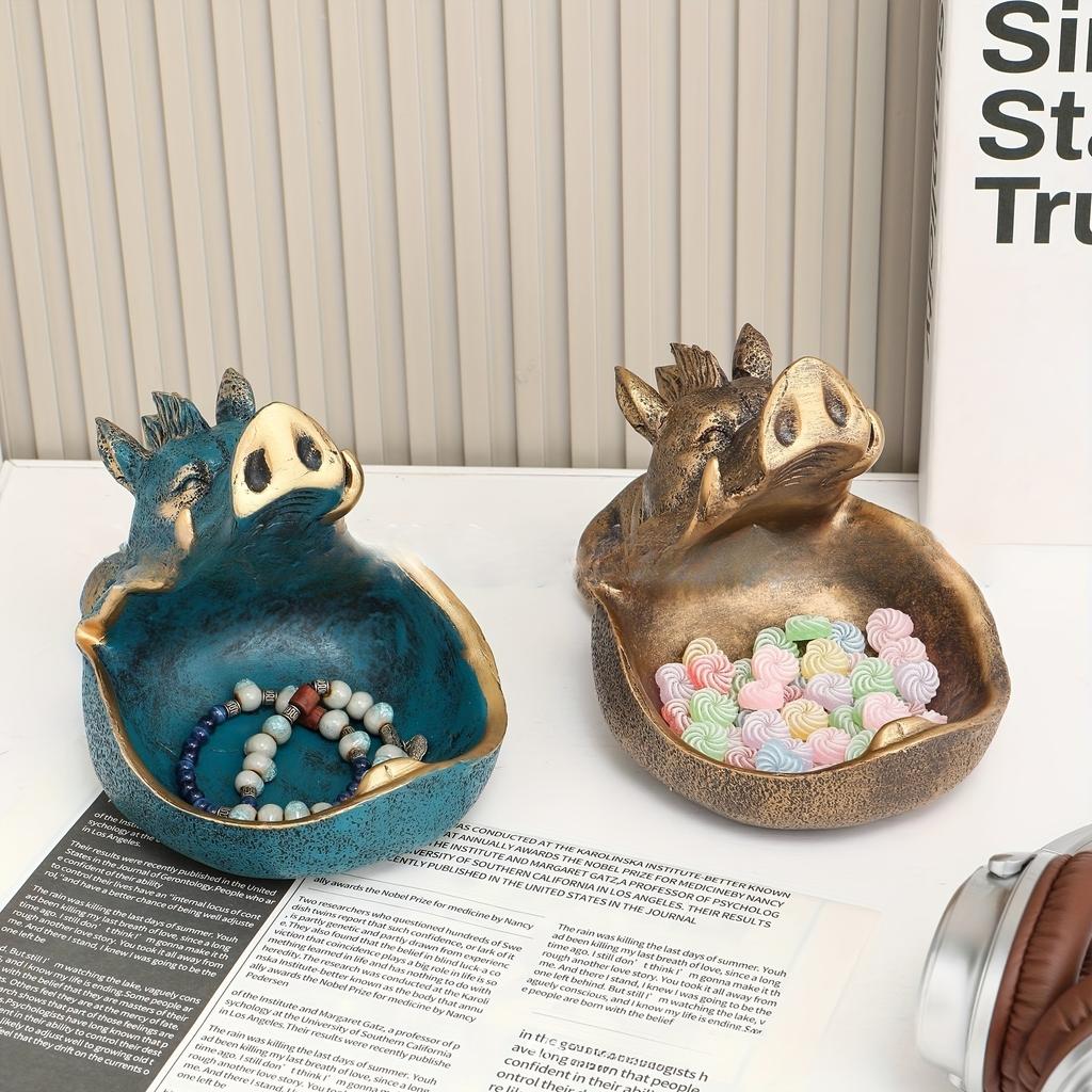 Large Wild Boar Statue Remote Control Storage Tray, Entryway Organizer with Shelf, Scandinavian Hippo Desk Decorative Box for Keys and Trinkets