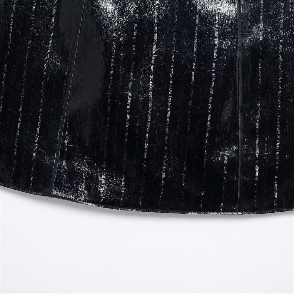 2025 Spring Women's Slim Fit A-Line High Waist Shiny Faux Leather Single-Breasted Decorative Short Skirt