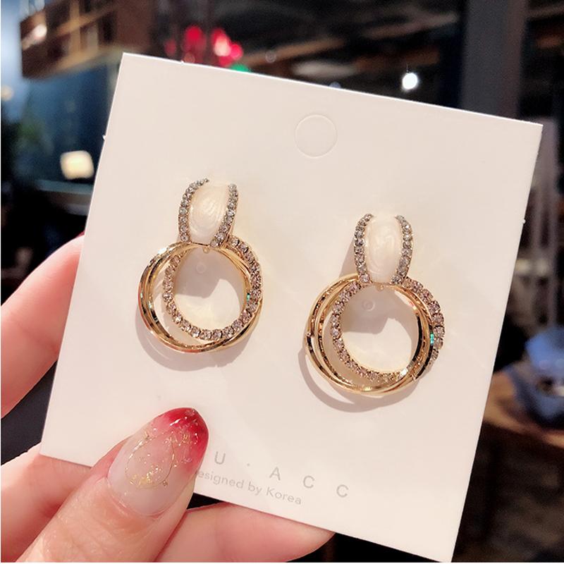 Rscvonm 3 Color Classic Shell Stud Earrings Rose Gold Small Circles Shining Rhinestone Earring For Women Jewelry Bijoux Gift