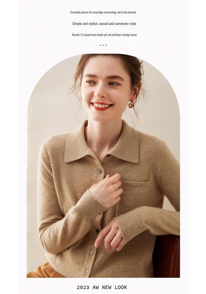 Women's Cashmere Polo Collar Knit Top: Versatile Solid Color Cardigan Sweater Coat