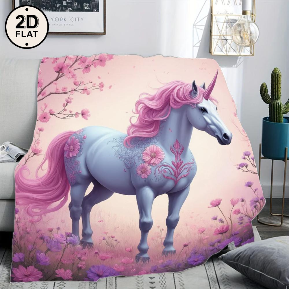 1pc Soft & Cozy Flannel Blanket - Dreamy Unicorn Floral Fantasy Design with Pink & Purple Flowers, Light Blue Unicorn & Pastel F
