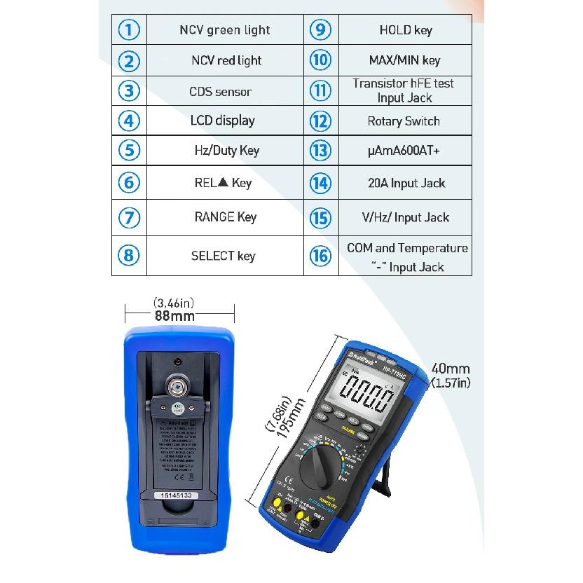 Multimetro HoldPeak HP-770HC True RMS Auto Ranging Digital Multimeter with NCV Feature and Temperature/Frequency/Duty Cycle Test