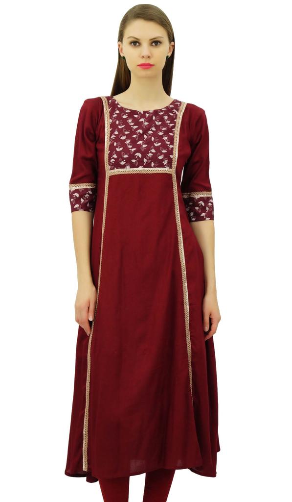 Bimba Women's Solid A-Line Rayon Kurti Lace Kurta 3 4 Sleevless Designer Ethnic