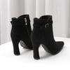 Autumn and Winter New European and American Pointed-toed Thin-heeled Short Boots Women's Suede Splicing Fashionable High-heeled Boots