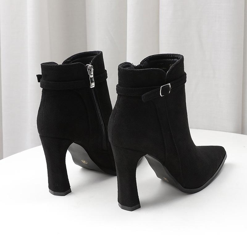 Autumn and Winter New European and American Pointed-toed Thin-heeled Short Boots Women's Suede Splicing Fashionable High-heeled Boots