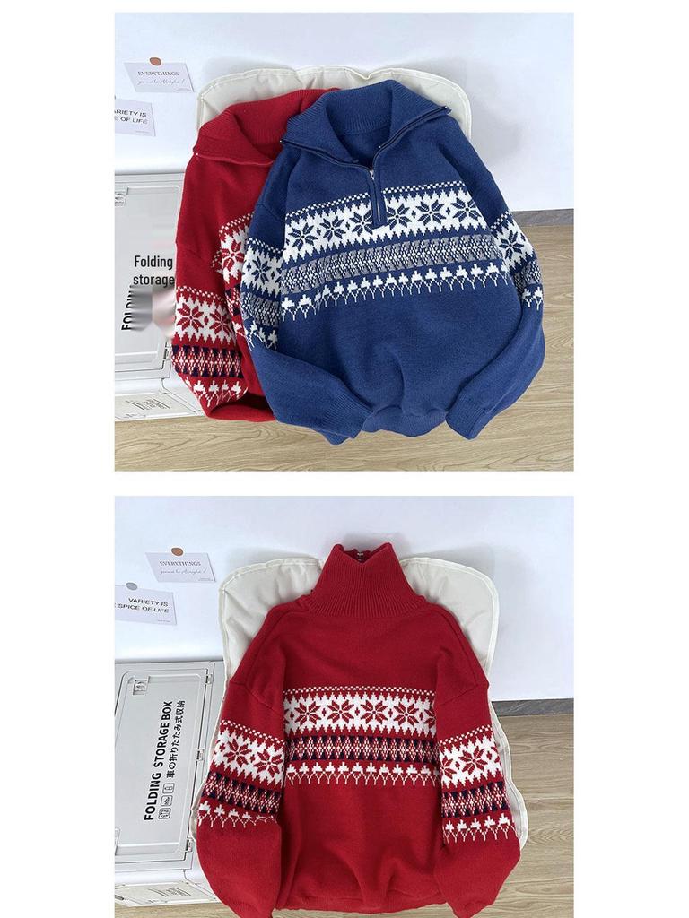Men's Retro High Neck Knit Sweater - Warm, Loose, Half-Zip for Autumn & Winter