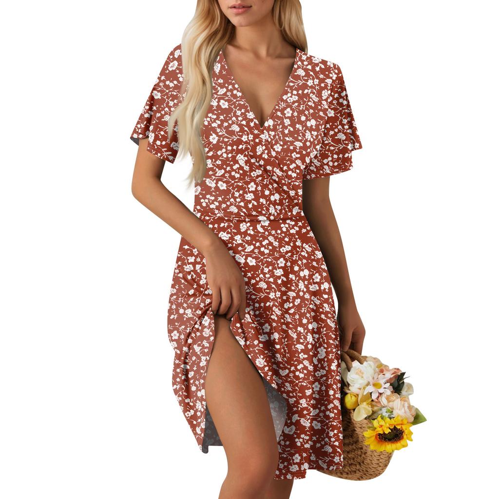 Women's Summer Dress Loose Beach Vacation Casual Deep V Neck Vest Dress Elegant Shirt Dress