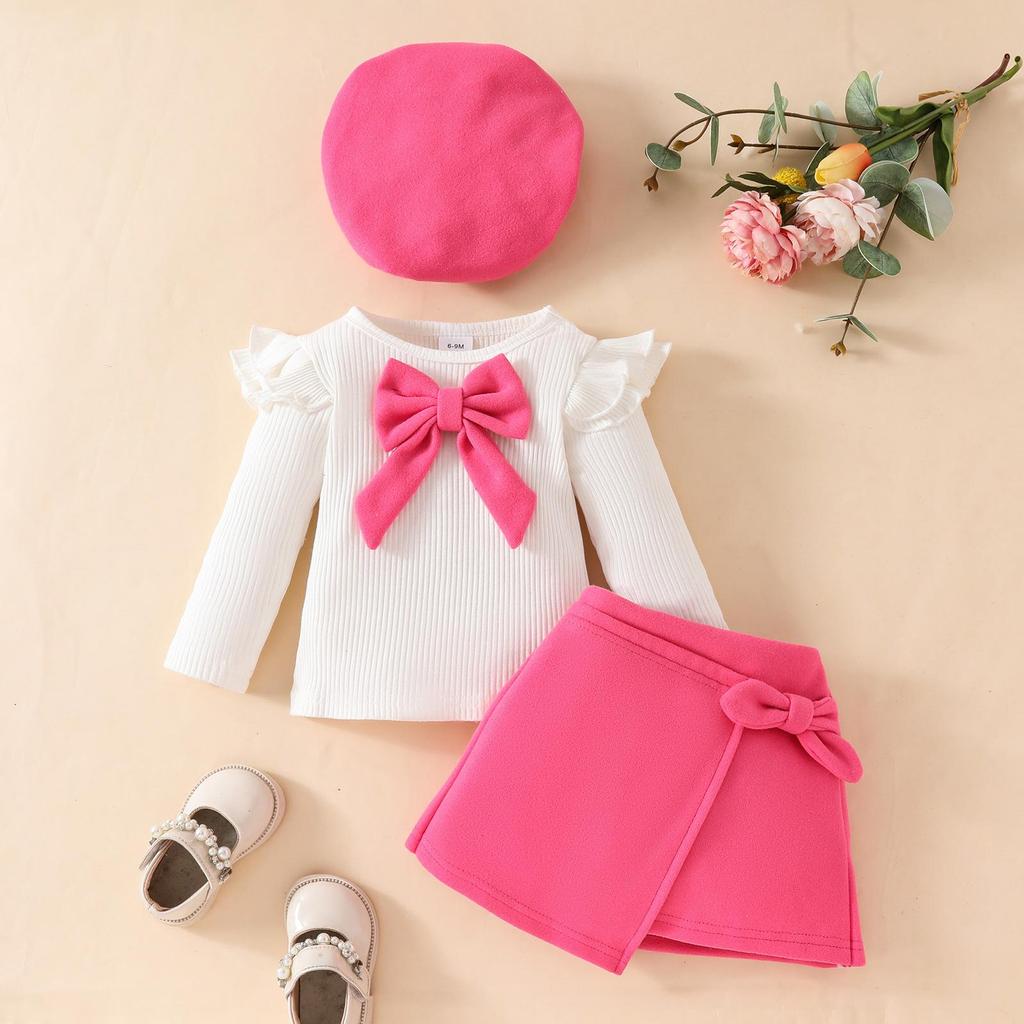 3-teiliges Baby-Mädchen-Kleidungsset für das neue Jahr, 0–3 Jahre, langärmelig, großes Oberteil mit Schleife, unregelmäßiger Rock und Baskenmütze, Kleinkind-Weihnachtskleidung