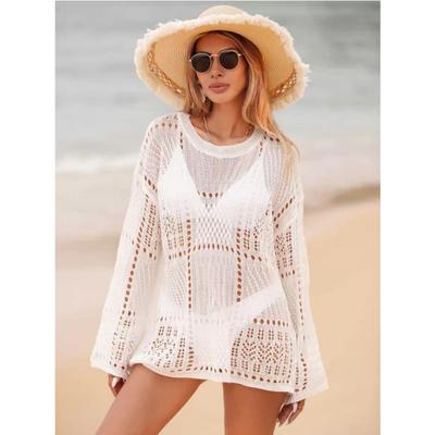 New Round Neck Summer Beach See Through Cover Up Loose Short Dress Fashion Elegant New Hollow Women's Long Sleeve Sexy Casual Blouse
