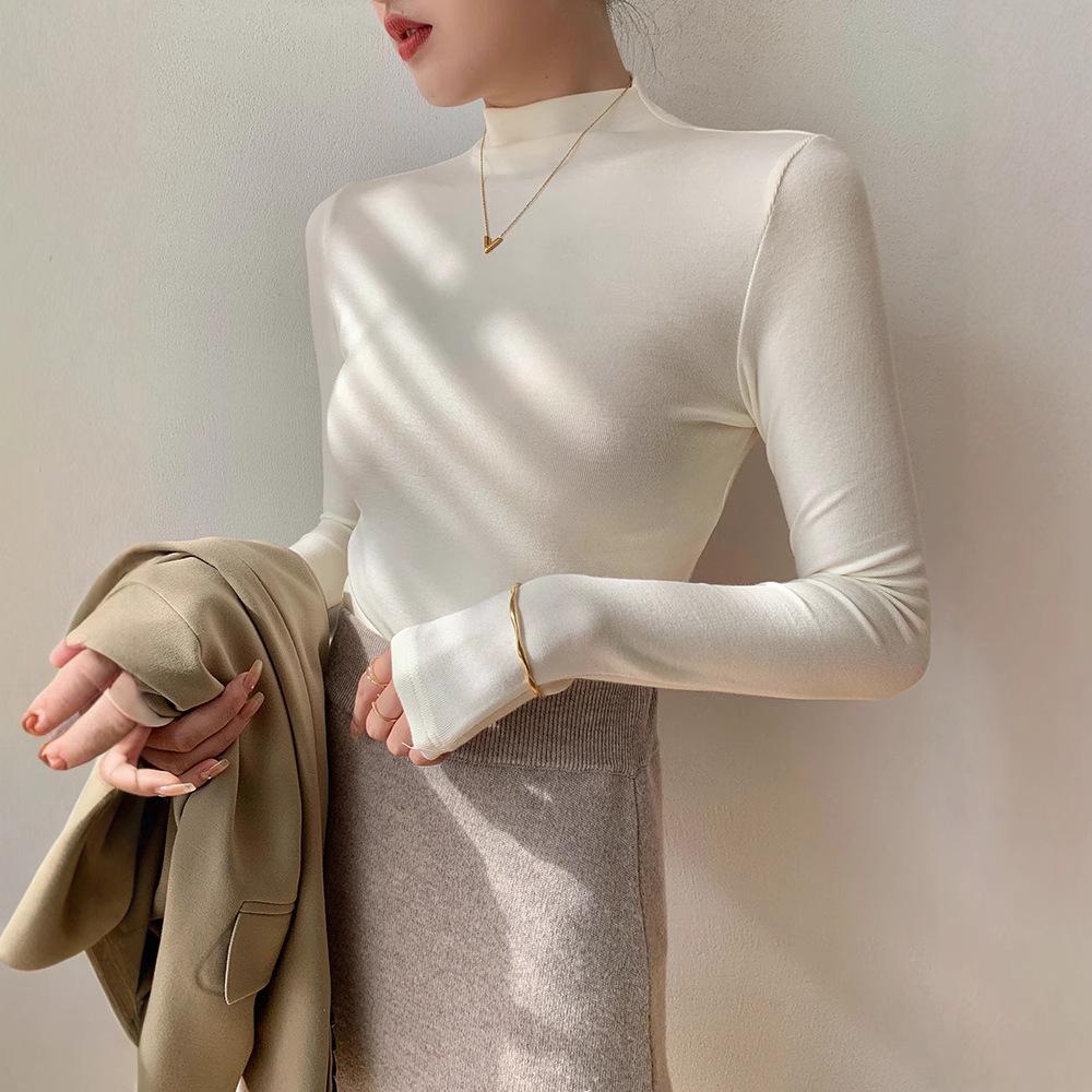 

Women s Slim Fit Modal Black Semi-High Neck Long-Sleeve T-Shirt for Spring/Autumn L [fits 120-140 jin]