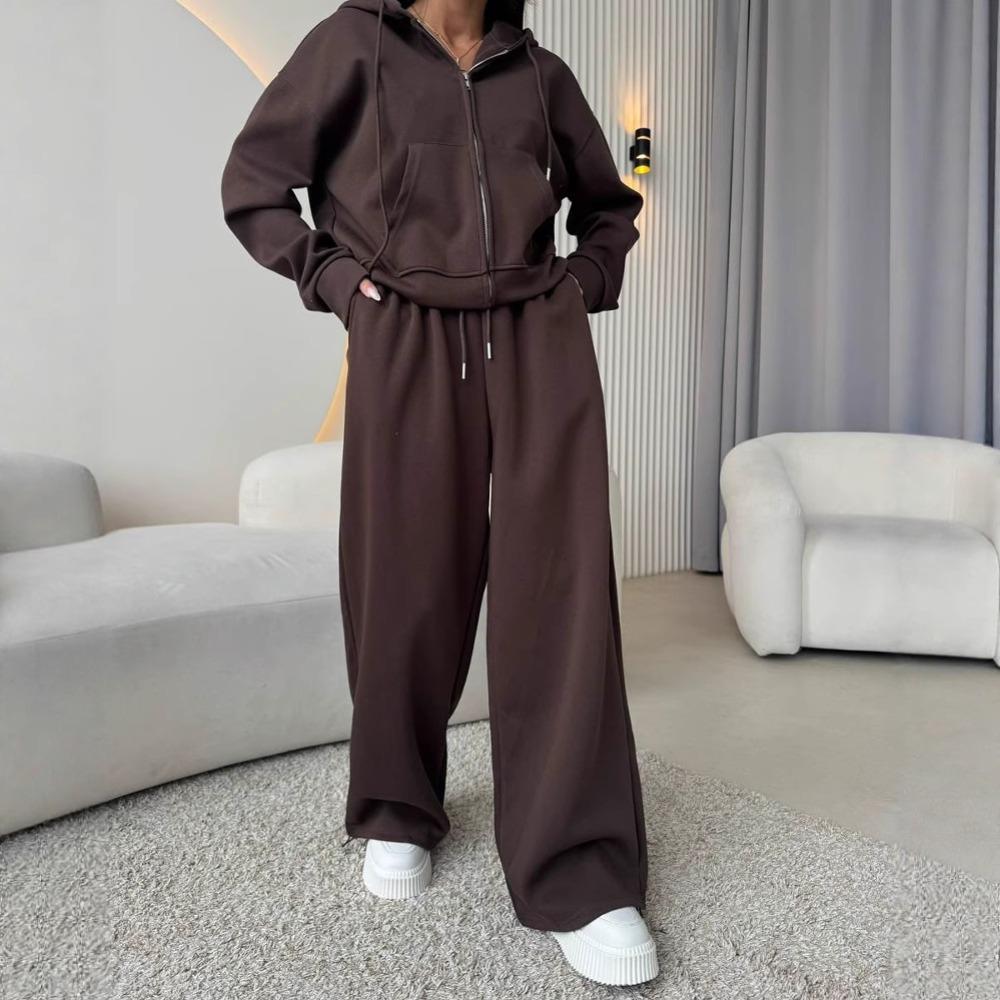 Sportswear Women's Solid Color Long Sleeve Zippered Cardigan Hooded Sweatshirt Lace-up Trousers Two-piece Set