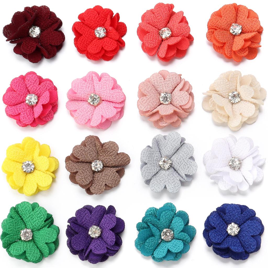 10pcs Colorful Fabric Flower 3.5cm Rhinestone Flower Core Pearl Hemp Flower Applique For DIY Clothing Sewing Headwear Decoration