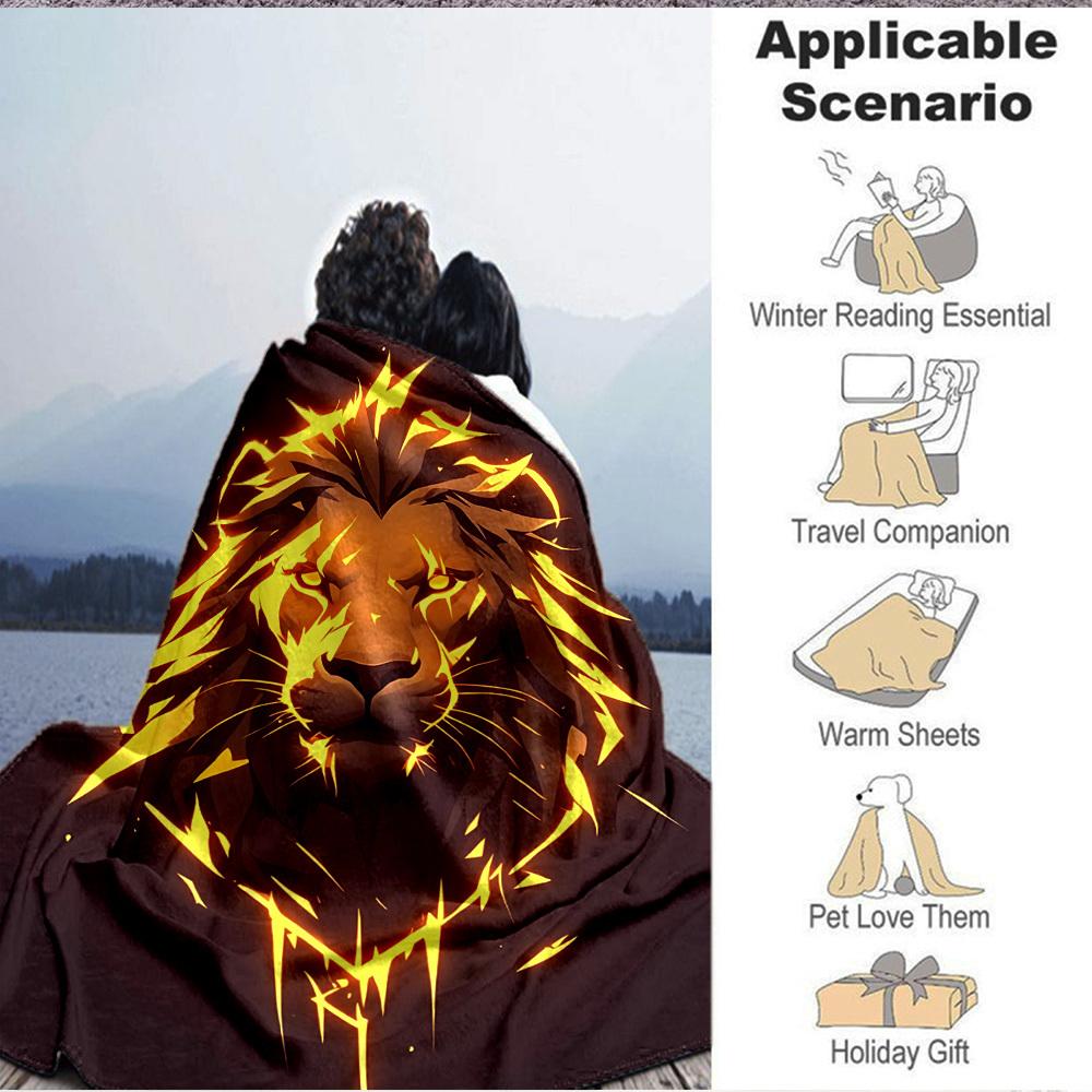1pc Lion Flame Print Blanket - Lightweight Flannel Throw Blanket For Sofa, Bed, Living Room, Office, Outdoor Travel, Camping, Soft All-Season090