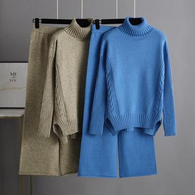 Fall Winter Lazy Wind Loose Turtleneck Sweater Suit Women's Sollid Color Long Sleeve Wide Leg Pants Two Piece Set