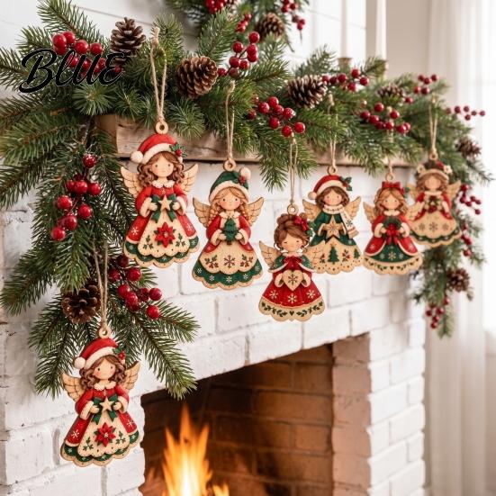 Vintage Style Christmas Tree Ornaments 6Pcs Wooden Angel Ornaments, 2D Flat Hanging with Hemp Rope, Decorative Crafts Retro Pendants for Fireplace and