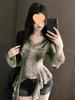 French Style Ruffle Print Sheer Slim-fit Summer T-shirt for Women