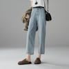 Half elastic waist jeans with patchwork design, women's 2026 spring fashion, loose and versatile, slimming straight leg cropped pants