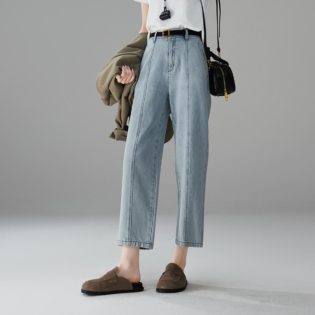 Half elastic waist jeans with patchwork design, women's 2026 spring fashion, loose and versatile, slimming straight leg cropped pants