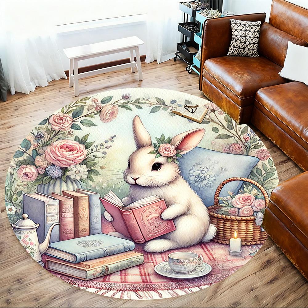 1pc Rabbit, Flowers Round Chair Mat Area Rug - Non-Slip, Floor Mat for Office, Bedroom, and Indoor Decor -1002060