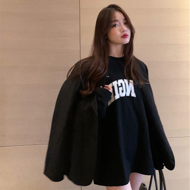 Spring 202 Women's Loose Cotton T-irt Long Sve Mid-Length Korean Sle Casual Faion Inner Wear Round Ne Top