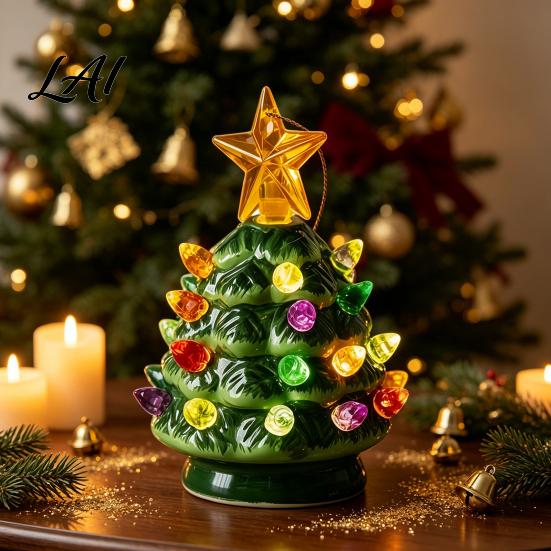 Cozy Christmas Party Supplies Tree Ornament Glowing Retro Resin Tabletop Decor with Star Festive Figurines Topper Vintage Xmas Trees Night Light for