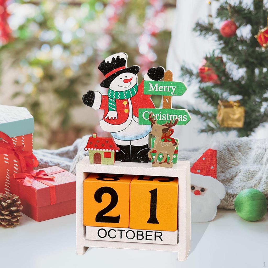 Christmas Calendar Desk Decoration, Calendar,Rustic with Number Blocks Tabletop for Office Living
