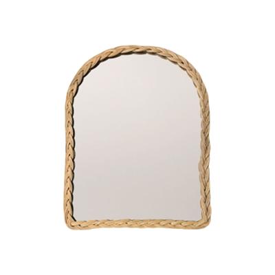 Handcrafts Retro Rattan Mirror with Wood Frame Arched Wall Hanging Mirror for Bedroom and Entryway Hallway Decoration