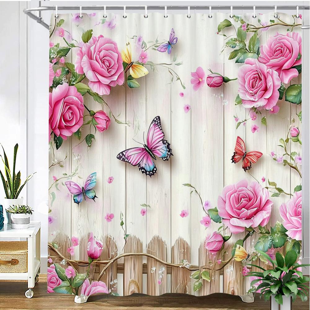 

Beautiful Flowers And Butterflies Shower Curtain Bath Curtain Printing Polyester Bathroom Curtains For Home Decoration Curtain W60H190(CM)-1 Pcs
