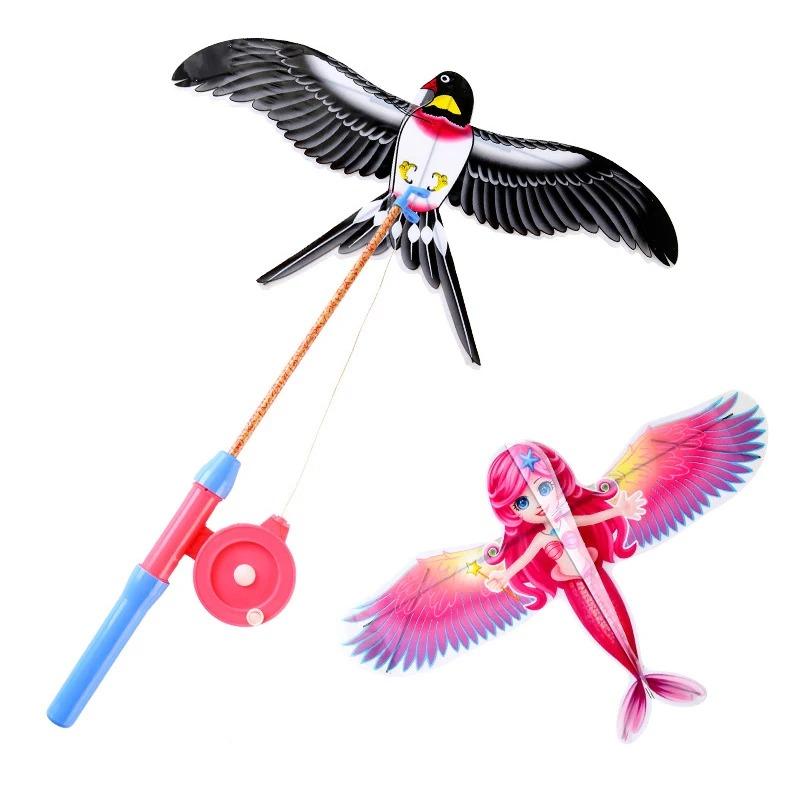 30*20cm Cartoon Children Kite Mini Plastic Toys Kite + 50cm Hand Brake Fishing Rod Outdoor Fun Sports Toys Kites For Kids Gifts