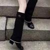 Fashion Brand New Round Toe Thick Heel Chain Belt Buckle Skirt Boots Women's Autumn Winter Fashion Runway Mixed Color Long Shoes Size 43